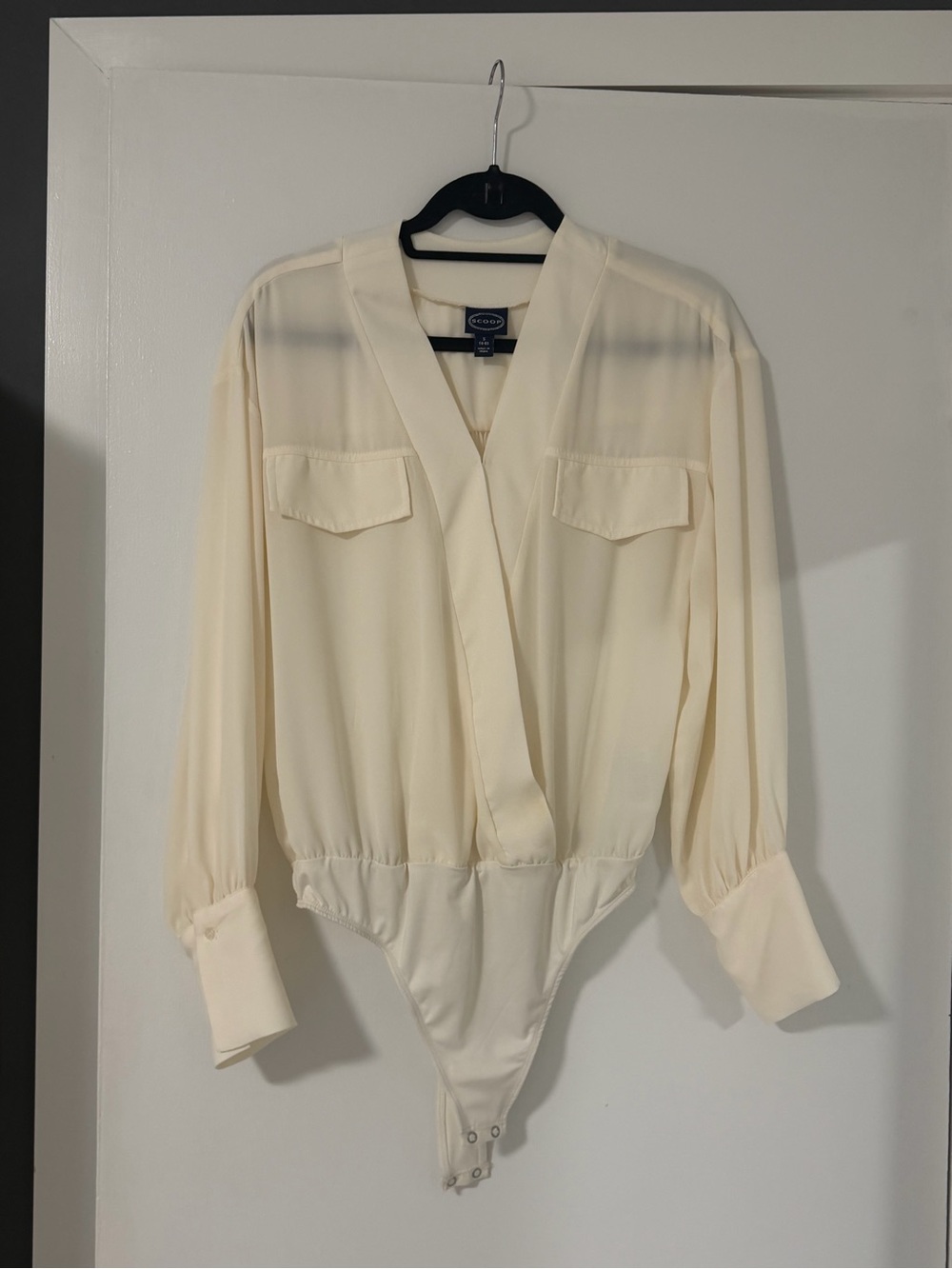 Cream V‑Neck Long Sleeve Wrap Bodysuit